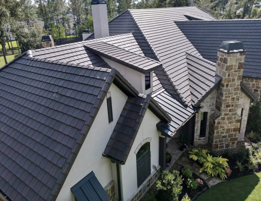 Home with tile roof.