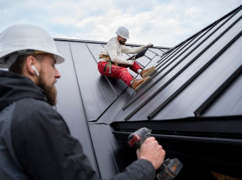 Standing seam metal roof being installed by roofers.